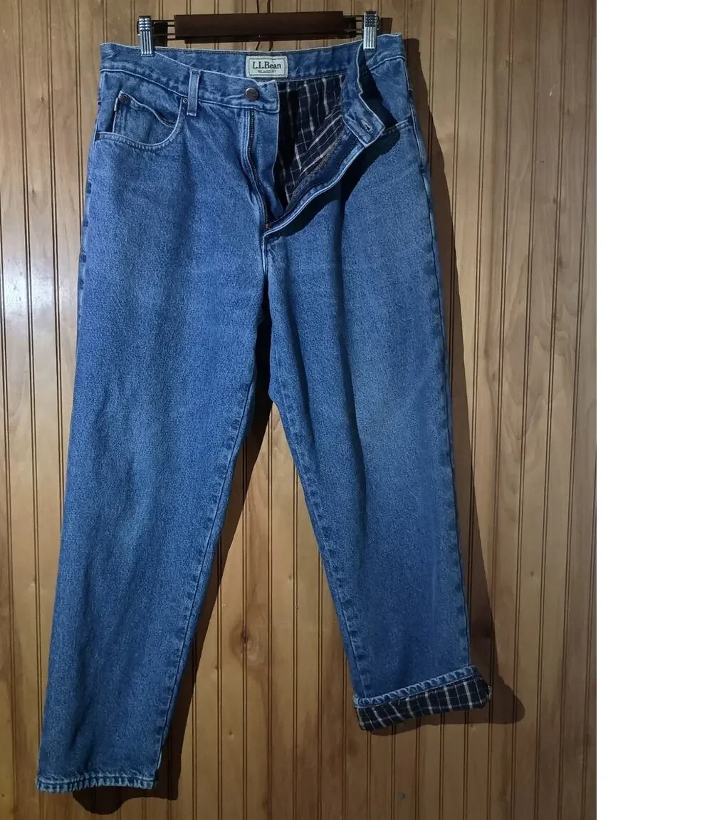 LL BEAN Men's Size 34/30 100% Cotton Relaxed Fit Flannel Lined Jeans Fall Denim